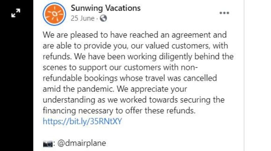 SunWing is giving refunds on vacations canceled due to COVID 19 – but there is a deadline!
