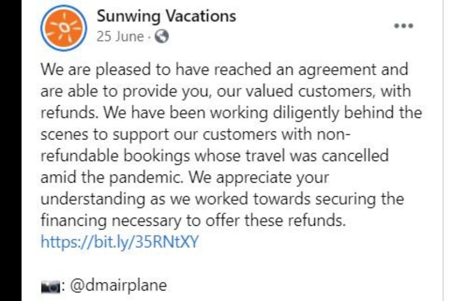 SunWing is giving refunds on vacations canceled due to COVID 19 – but there is a deadline!