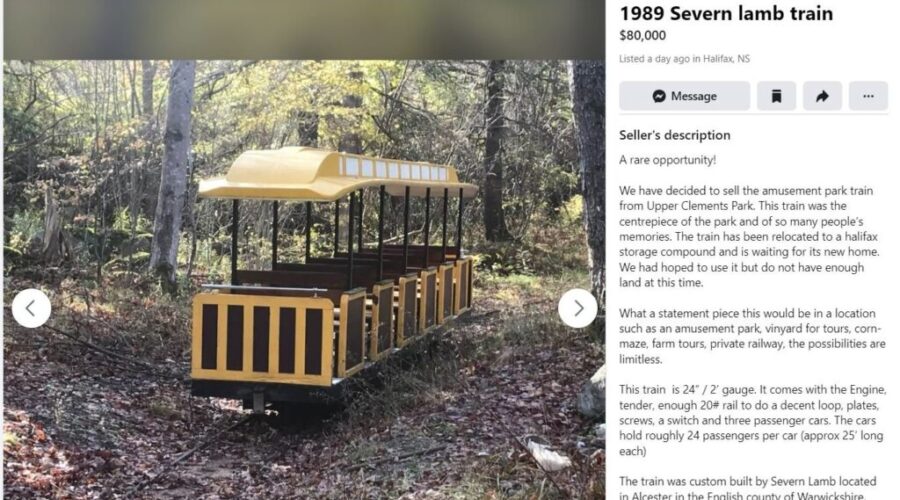 The Upper Clements Park train is for sale…..on Facebook Marketplace!
