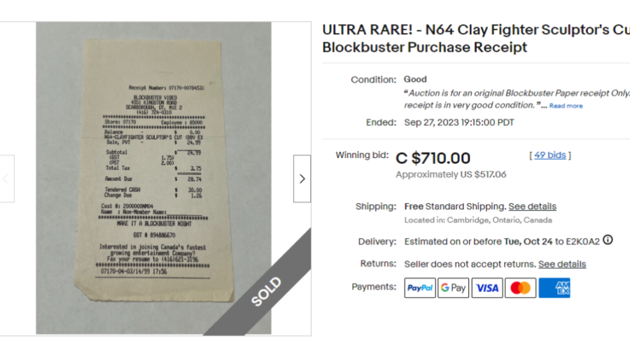 An old Blockbuster RECEIPT sells for over $700.00!
