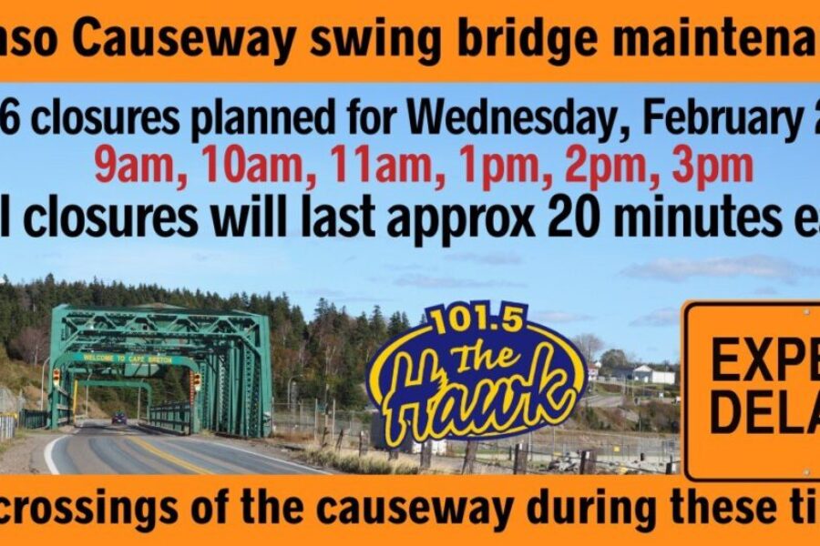 Closures Wednesday at Canso Causeway